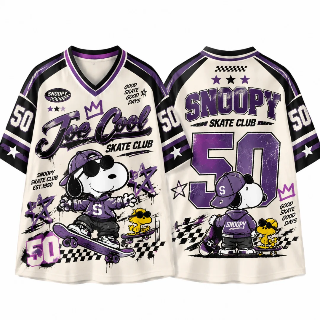 Snoopy Skate Club #50 Vintage Jersey T-shirt Kids & Adults Retro V-neck Short Sleeve Y2K Streetwear Cartoon Oversized Top