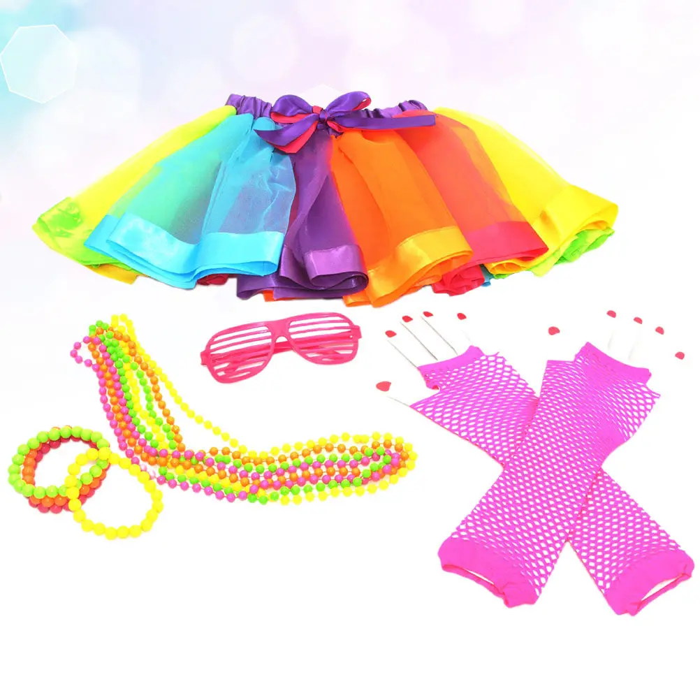 1Set Rainbow Tutu Suit Photography Costume for Women Includes Skirt Gloves 4 Bracelets 4 Bead Chains Glasses Perfect for Party