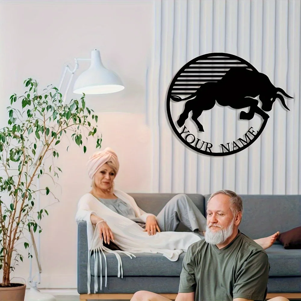 1PC Unique Tailorable Black Metal Bull Wall Art Decorative Plaque Customize with Name Ideal Bohemian Gift Distinctive Wall Deco