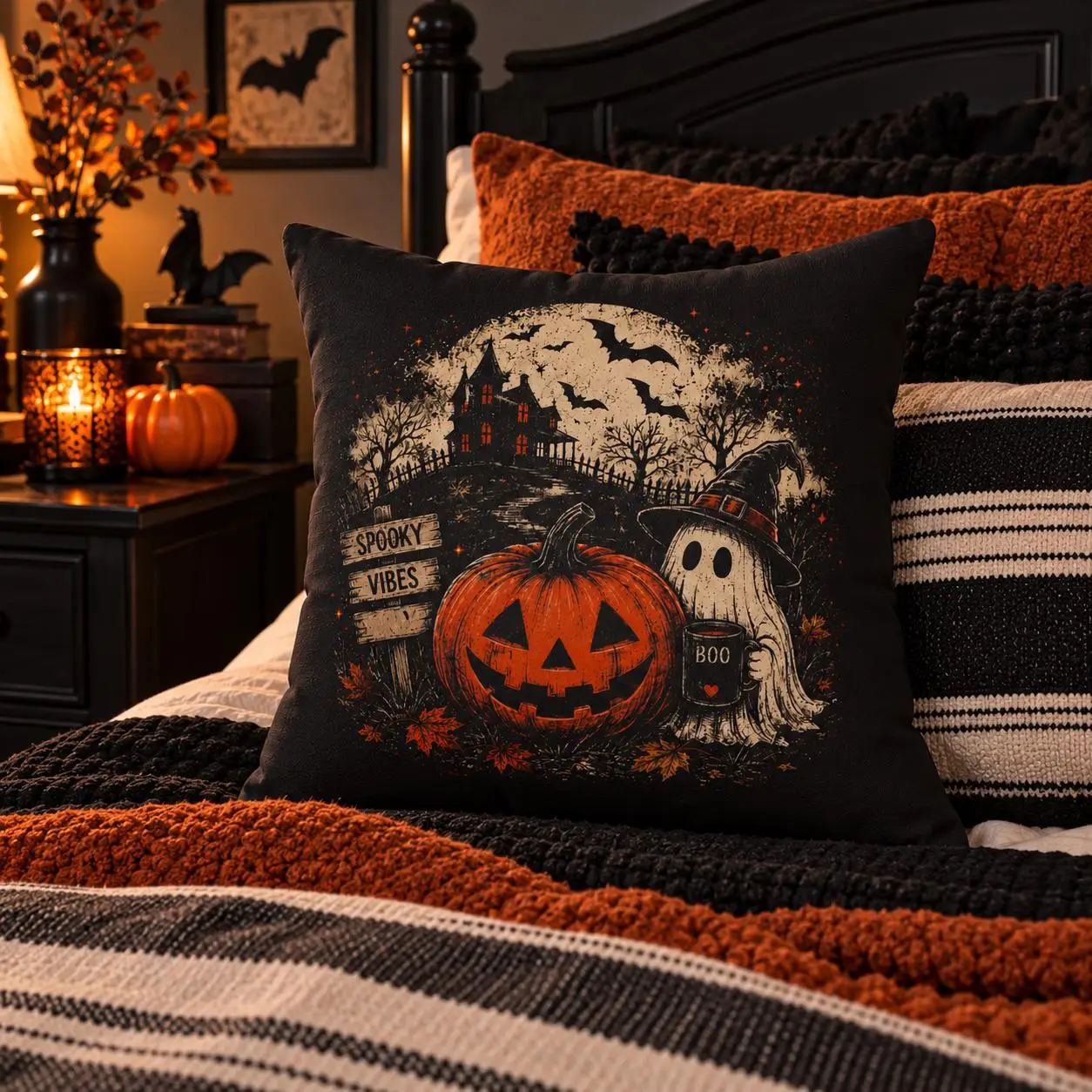 1pc Halloween Ghost Pumpkin Pillow Cover Polyester 2D Double Sided Print Retro Spooky Haunted House Cushion Case for Sofa Living