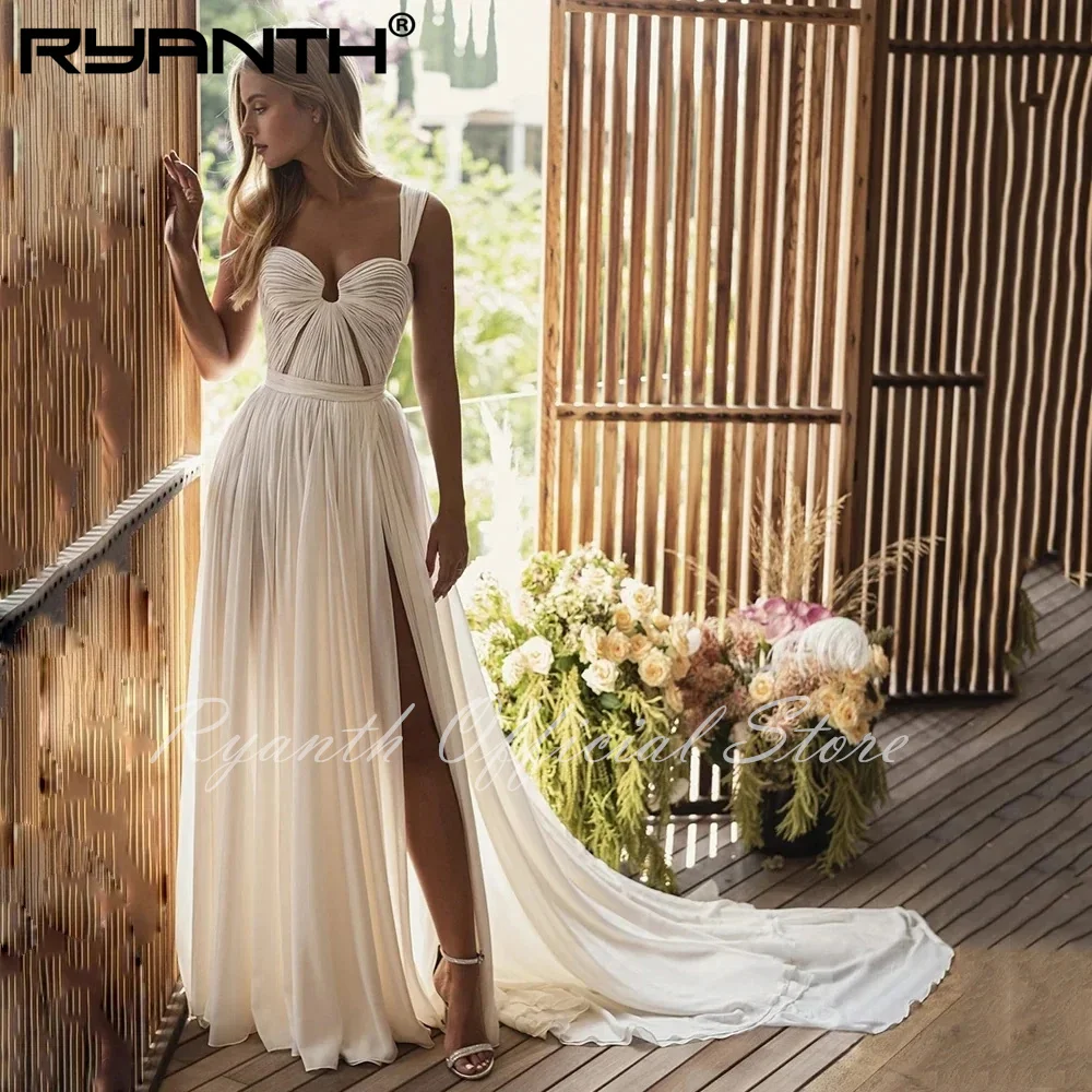 Ryanth Chic Chiffon Wedding Dress Modern Pleated Bridal Gowns Heart-Shaped Neckline Thigh-High Slit With Train Vestidos De Novia