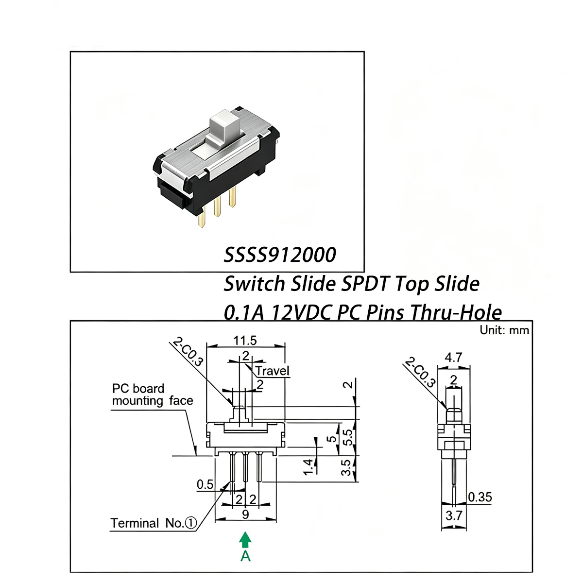 10PCS SSSS912000 Vertical 3±1.5N Manual, Dip NEW Original Genuine Switch Slide SPDT Top Slide  0.1A 12V DC/1mA 5V DC PC Pins