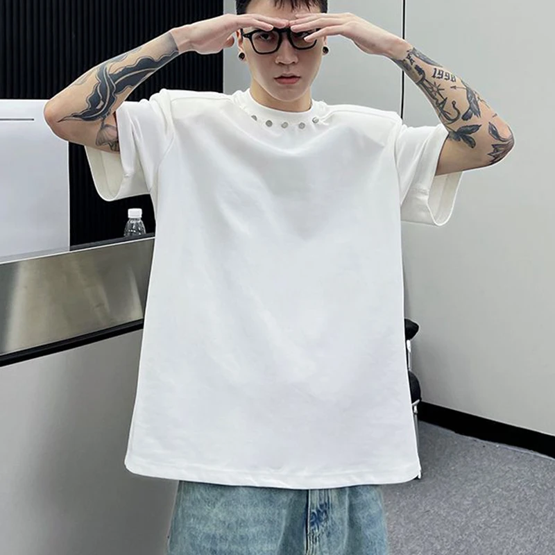 Summer Metal Rivet Short Sleeve O Neck Men T Shirts Fashion Personality All-match Hip Hop Punk Oversized Streetwear Black White