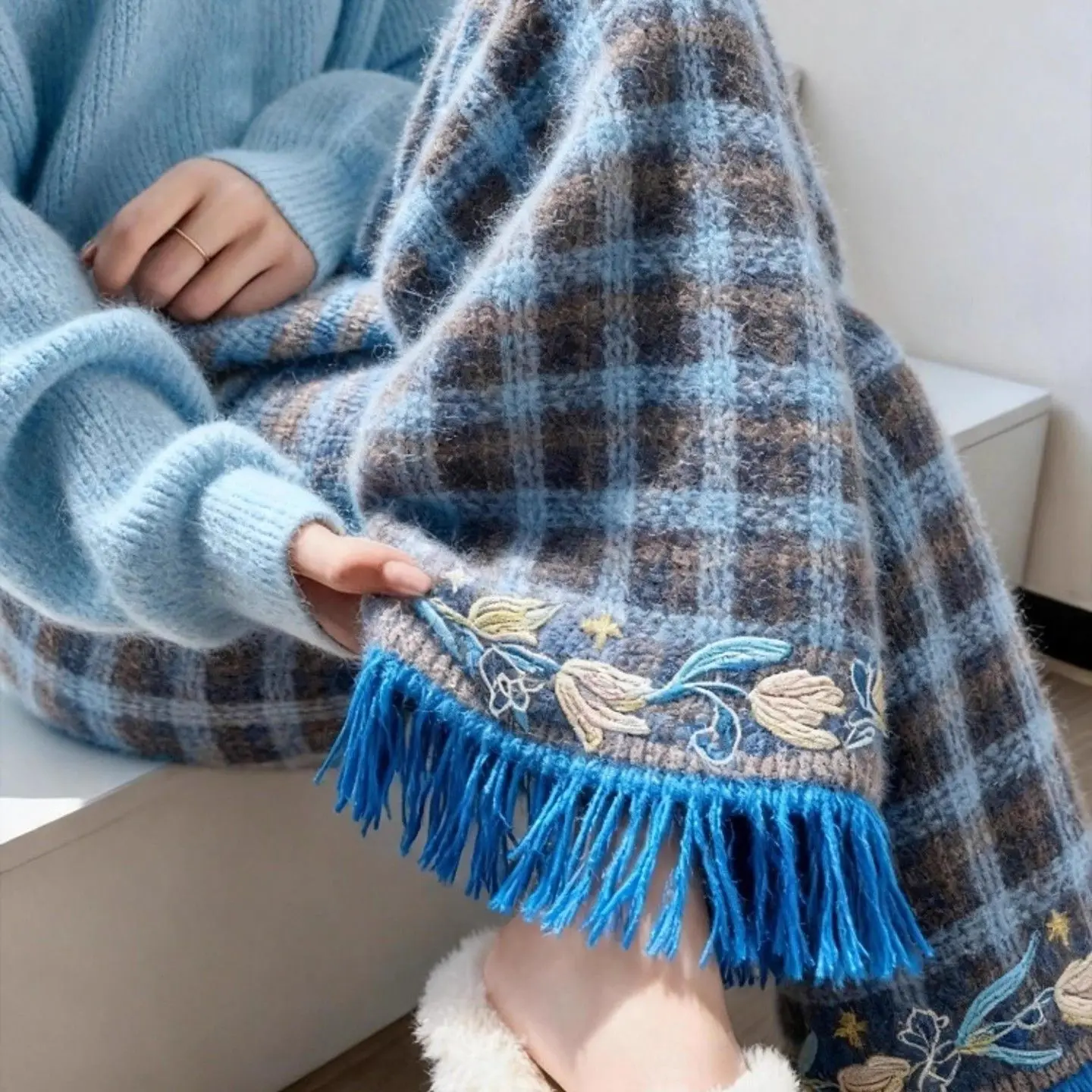 

Мужские вязаные повседневные брюки больших размеров с клетчатым узором, вышивкой цветов и бахромой, свободного кроя, широкие штанины, осень-зима