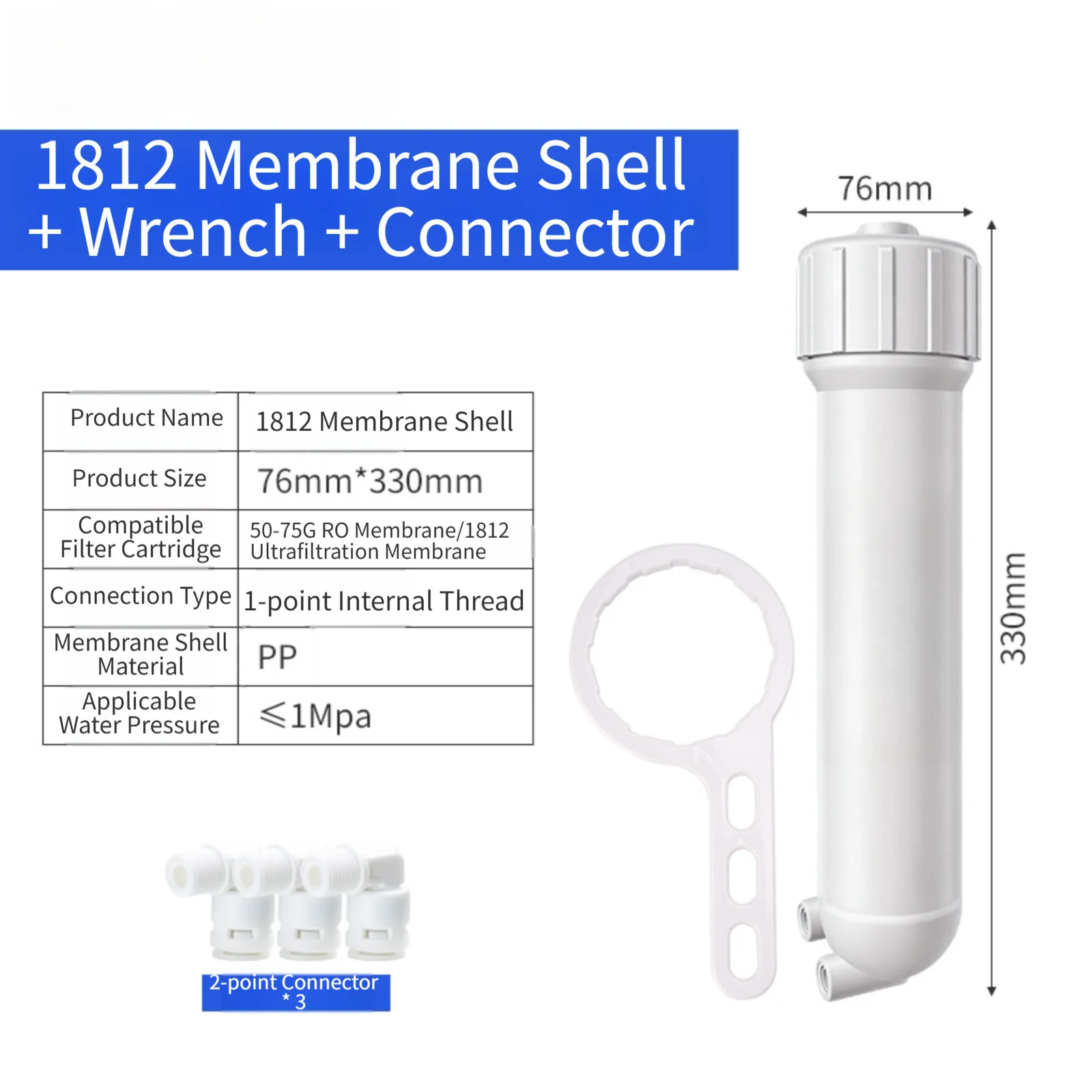 RO Filter Housing FOR For cck 1812 and 3012 Membranes with Wrench PP Body Dual Seals 1MPa Pressure Rating Compatible with 50 75G