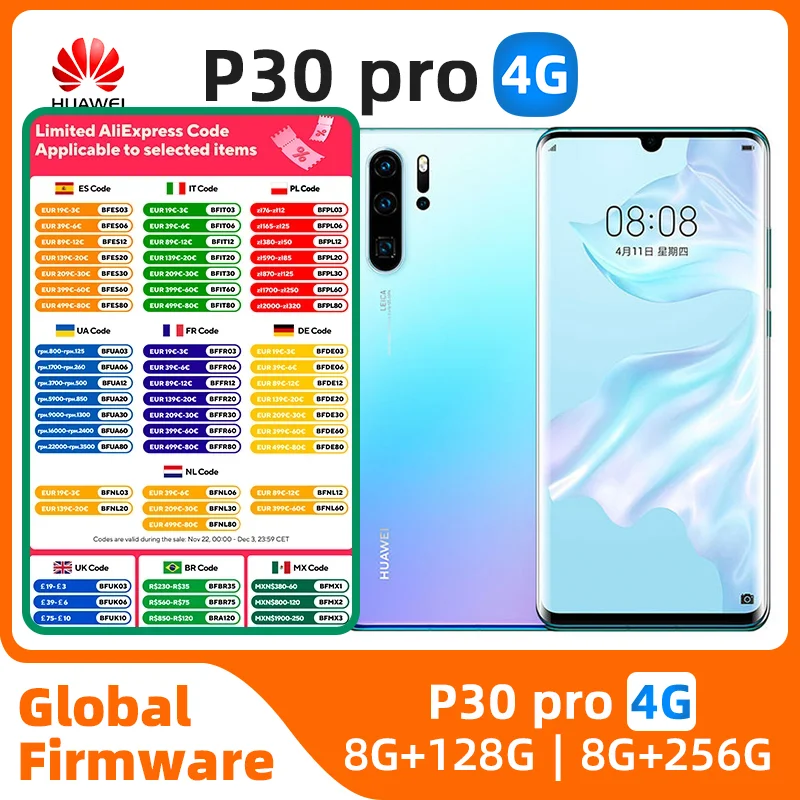 الإصدار الأصلي CN هاتف Huawei P30 Pro الذكي أندرويد 6.47 بوصة 128 جيجابايت/512 جيجابايت 40 ميجابكسل كاميرا متجر جوجل بلاي الهواتف المحمولة المستخدمة