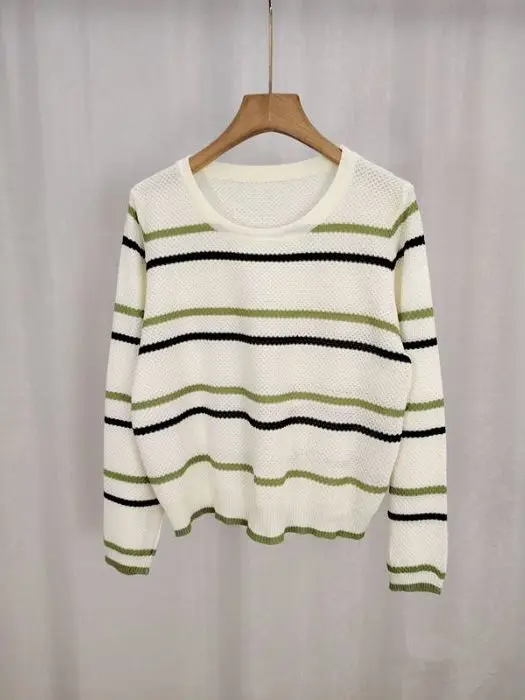 خريف 2025 ملابس تريكو نسائية فضفاضة غير رسمية غير رسمية Ne Long Sve محبوكة للتخسيس مخططة مريحة للترفيه