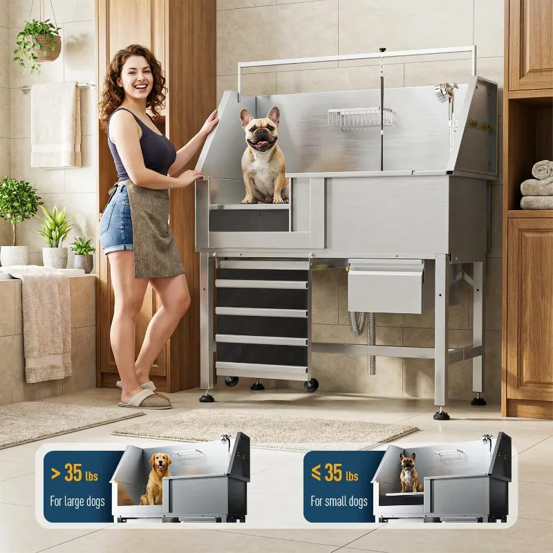 Customizable Dog Washing Station, Dog Bathtub with Non-Slip Removable Left Ramp & Storage Drawer, Elevated Pet Wash Station