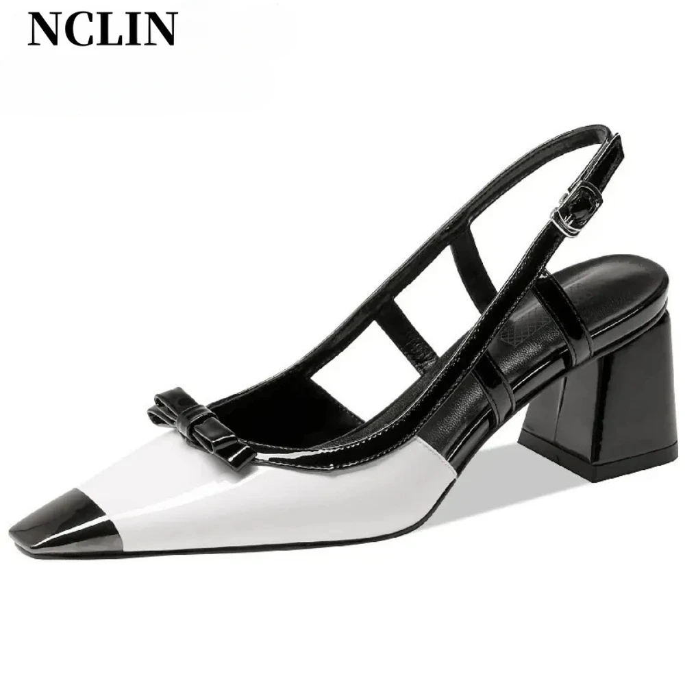 

NCLIN Elegant Fashion Sandals For Women Thick Heeled Metal Square Toe Pumps Butterfly Knot Genuine Leather Party Shoes Woman