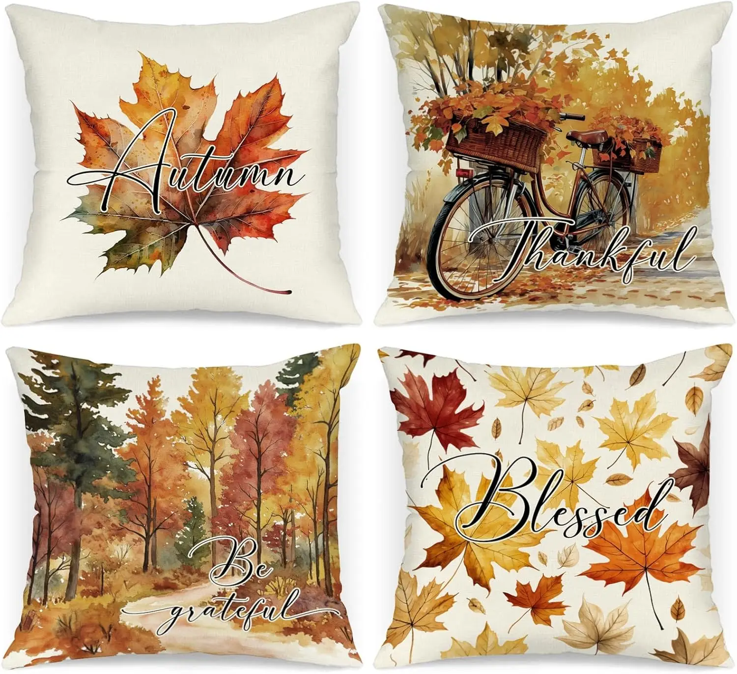 

16x16 Throw Pillow Covers Set of 4, Watercolor Pumpkin Bicycle Decorative Holiday Pillow Case 16 x 16 Autumn Cushion Covers Than