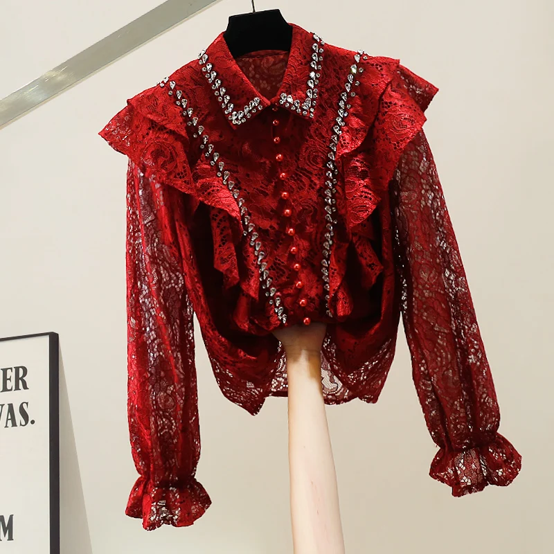 

Korean Sle Heavy Embellied Lace irt Hollow out Design Turn-down Collar Single Button Slim Fit Long Sve ort Length