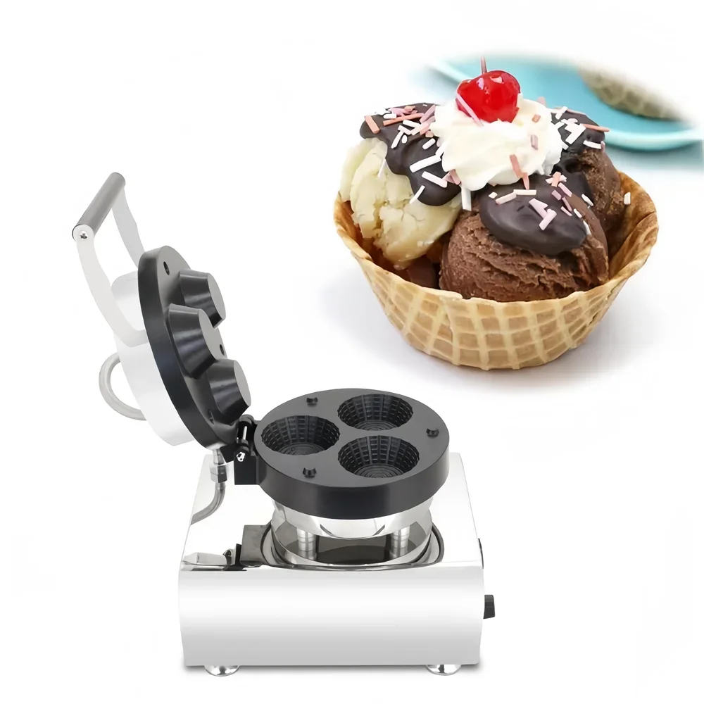 Double Side Heating Commercial Ice Cream Fruit Waffle Bowl Maker Stainless Steel Waffle Cup Cone Snack Machine Kitchen Appliance