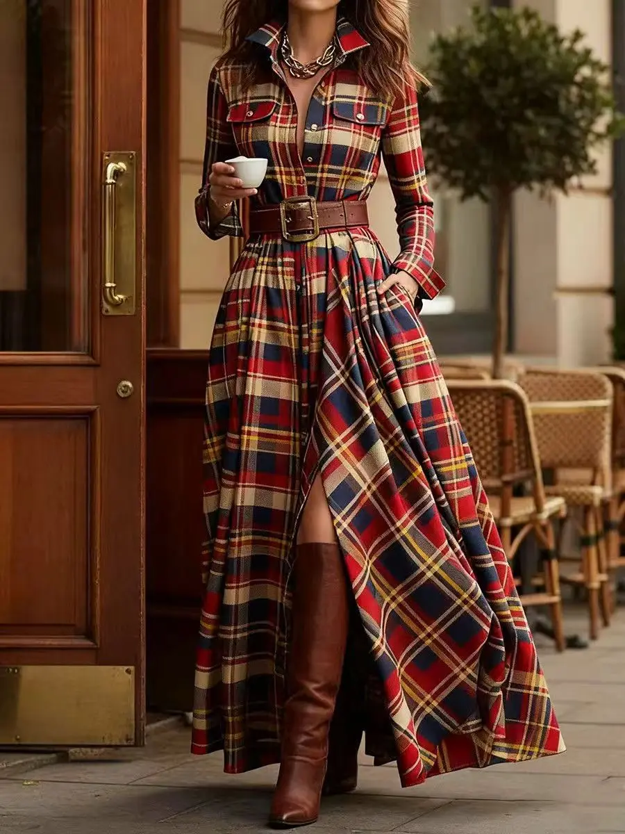 Women's Plus Size French Retro Plaid Slim Irregular Dress Women's European and American New Design Sense Long Dress Vestidos