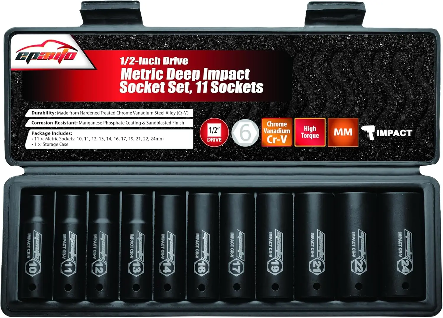 

1/2-Inch Drive Metric Deep Impact Socket Set, 11-Piece Cr-V Steel, 6 Points, 10-24mm