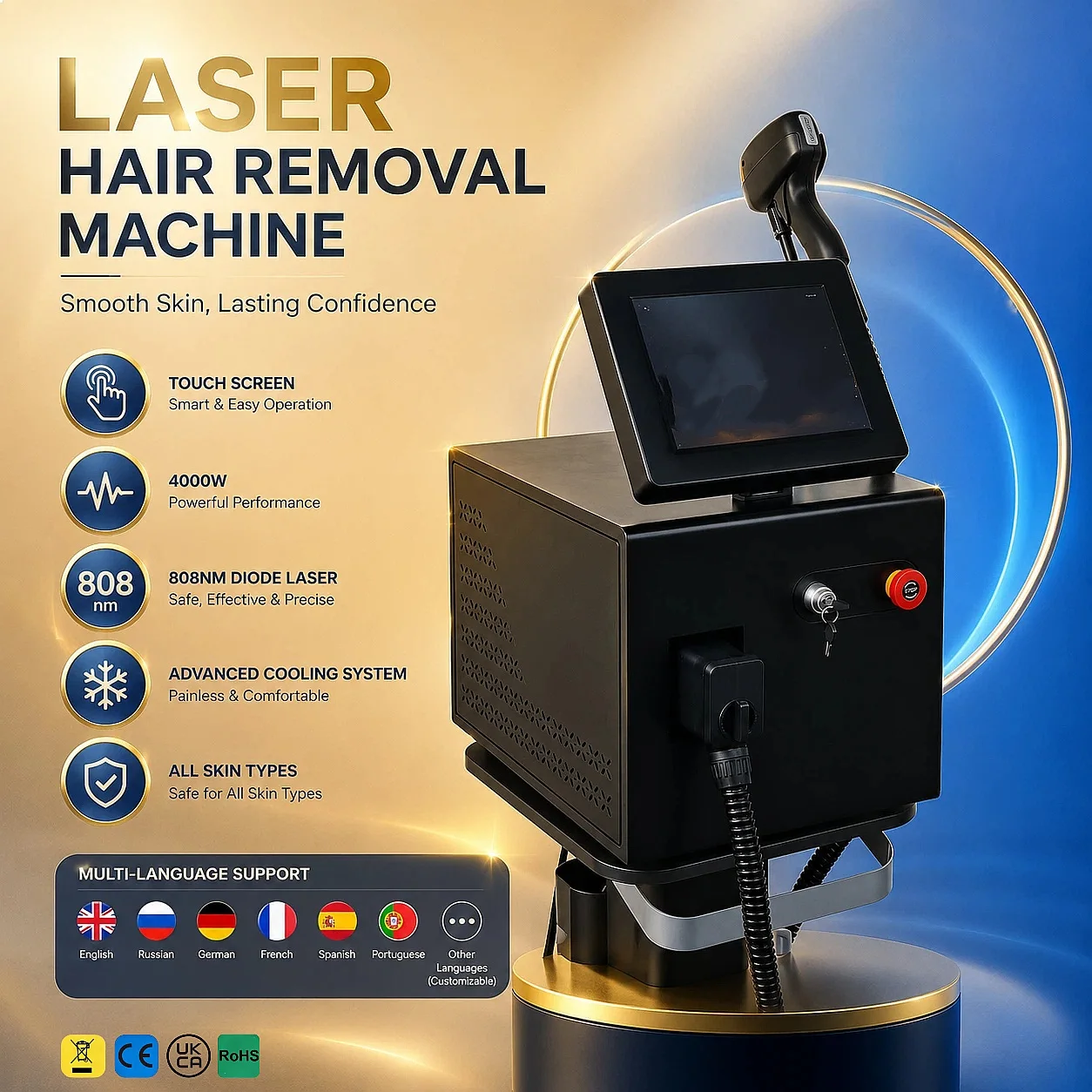 808nm Laser Hair Removal Ice Cooling Painless Permanent Hair Remover for All Skin Types Face Body Bikini At Home Salon