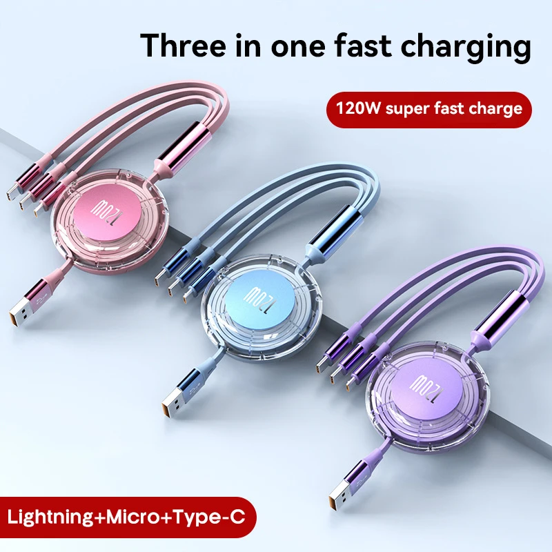 Storage and Expansion One Drag Three 120W Fast Charging Macaron Data Cable Suitable for HW Ap Android Creative Three in One Line