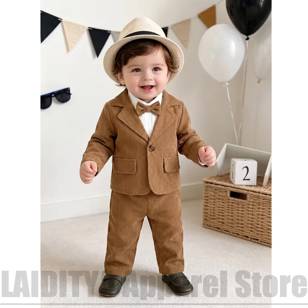 Baby Boys Brown Corduroy Suit 2 Piece Fashion One Button Blazer Pants Infant Outfit Wedding Birthday Party Formal Daily Wear