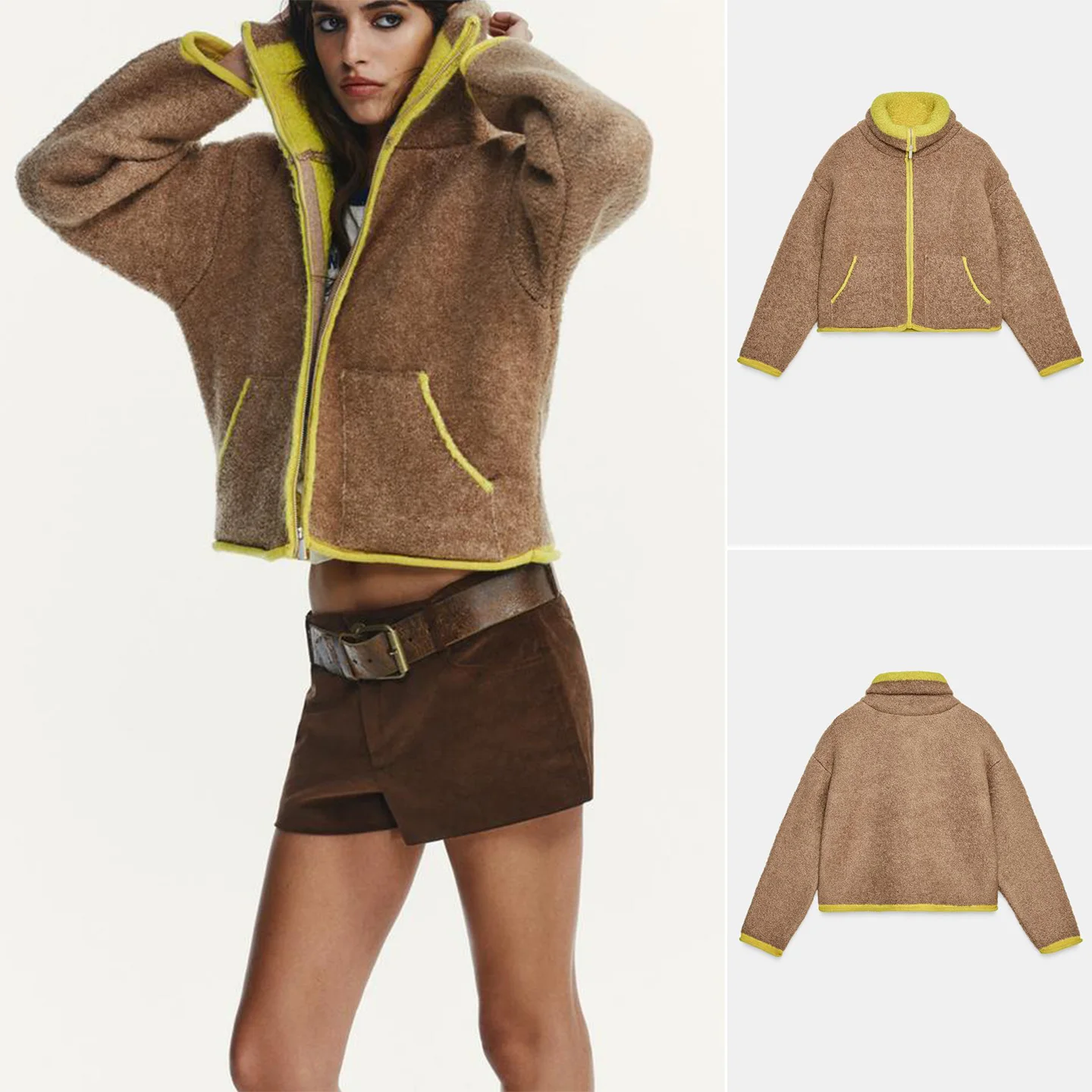 

Autumn Winter Women's Casual High Collar Long Sve Color Blo Knitted Pilot Jaet Outerwear Stand Fit Zipper Closure P...