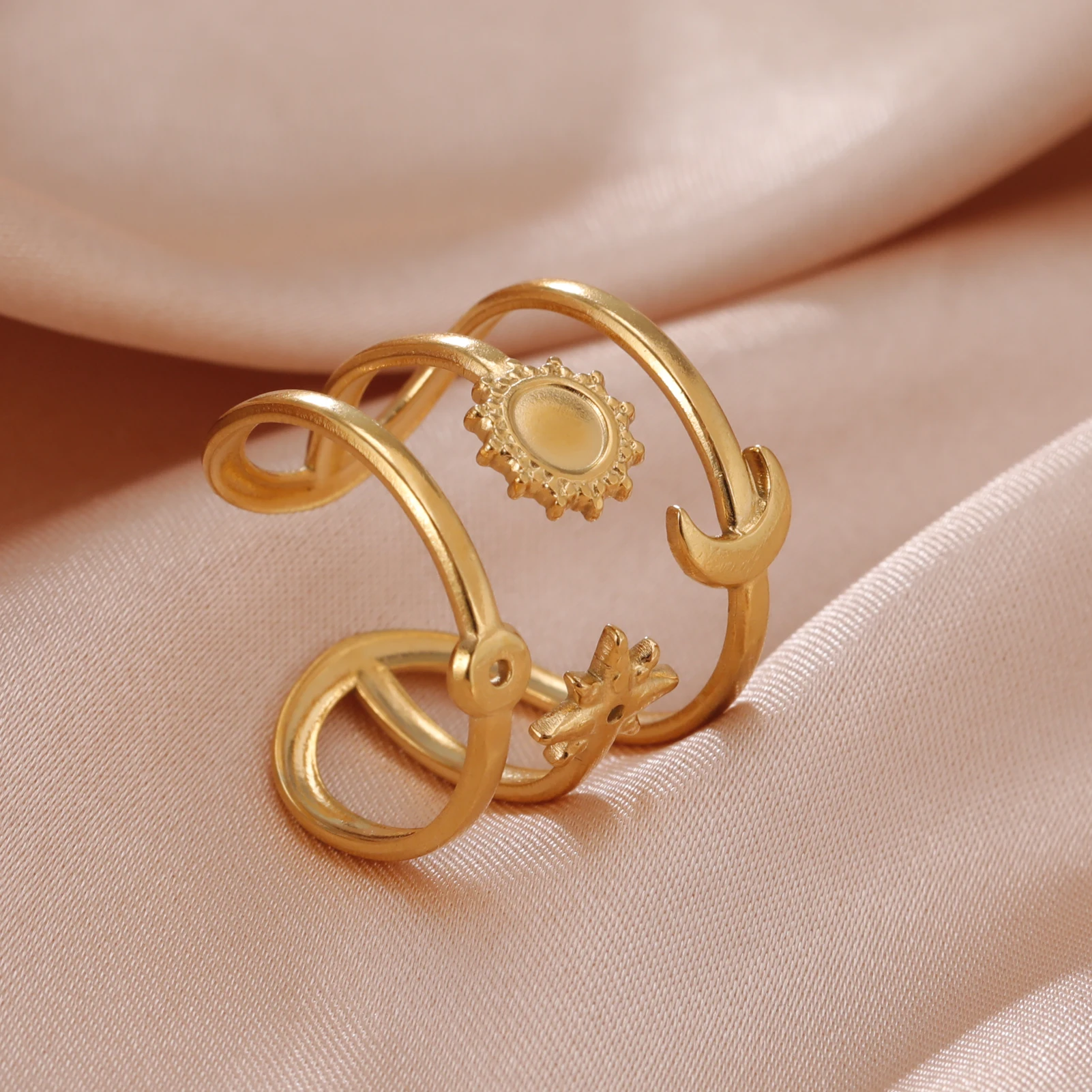 Skyrim Boho Sun Moon Star Women Ring Stainless Steel Gold Color Three Layers Open Rings Trendy Jewelry Valentine's Day Gift New