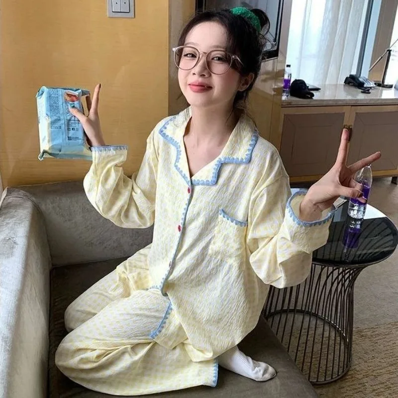 Spring and Autumn Women's Pajamas, New Cloud Cotton Cute Long-Sleeve and Long-Pants Casual Sweet Loose Comfortable Home Wear Set