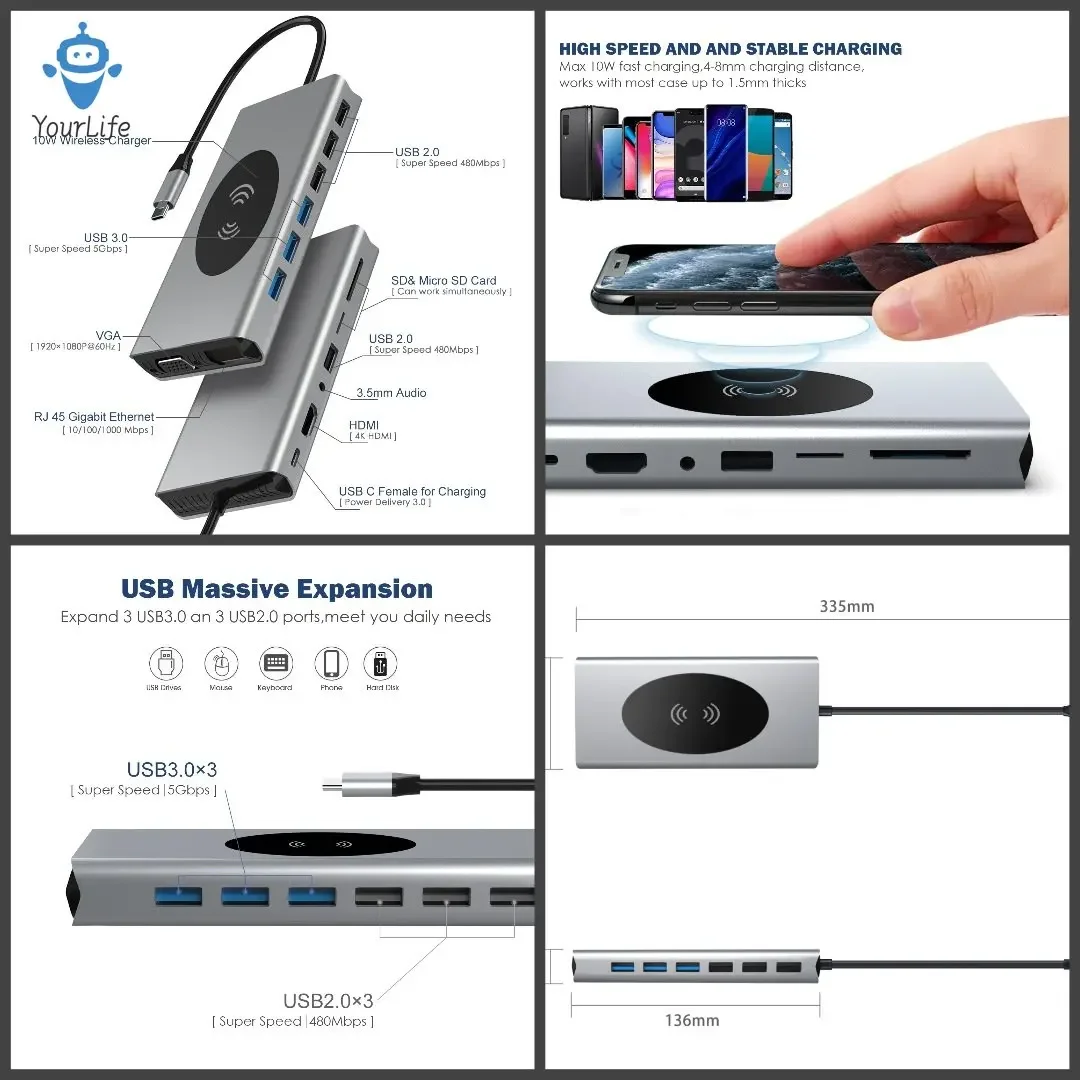 Docking station per laptop USB-C 13 in 1 Thunderbolt 4 Dock 4K HDMI per MacBook Pro Hub Type-c 15 in 1 Ricarica wireless RJ45/PD/SD