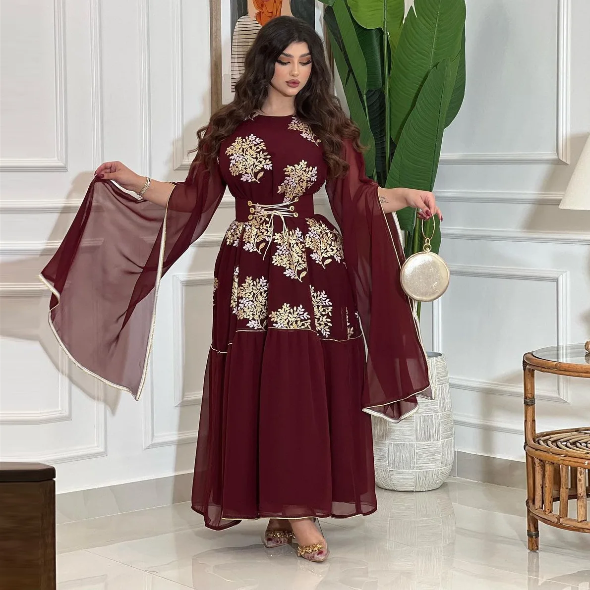 Kaftan Timur Tengah wanita gaun Arab mewah Muslim Mesh lengan besar bordir Dubai Abaya Islam jubah pesta Ramadan pakaian