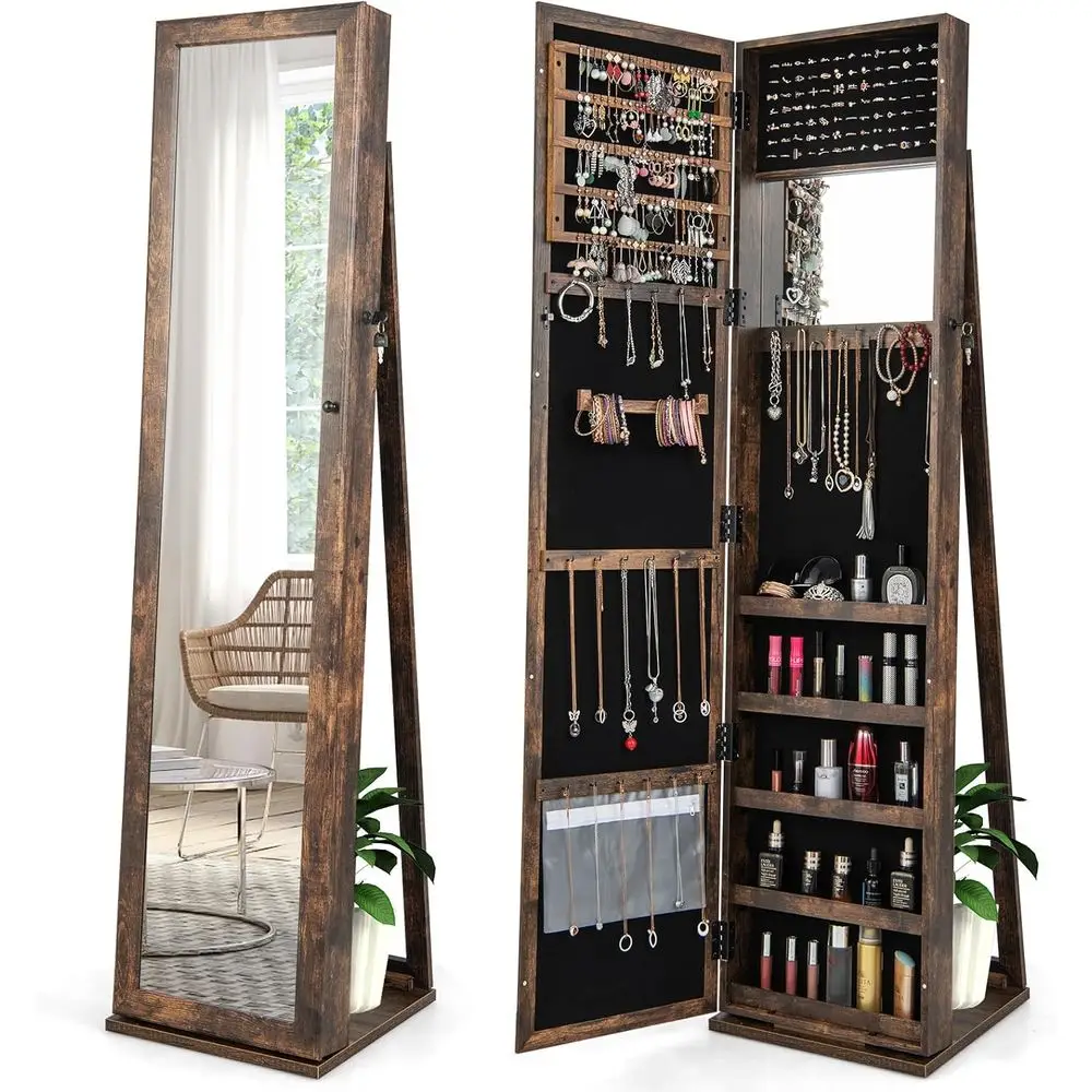 Large Capacity Lockable Mirrored Jewelry Cabinet with Rear Storage Shelves and Rustic Brown Finish