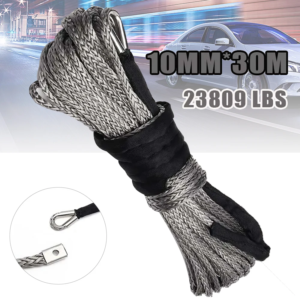 23000LBS Car Synthetic Winch Rope Line Grey Recovery Cable 4WD ATV Heavy Duty Rope Wrapped In A Loop 10MMx30M