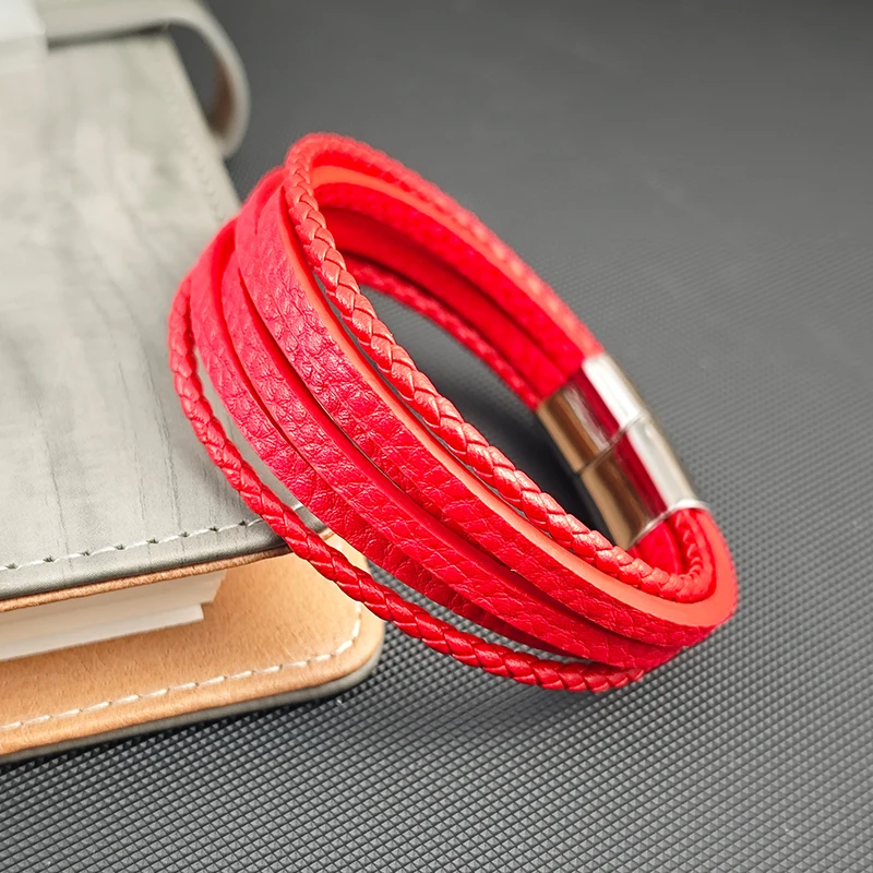 Bright Red Multi-layer Leather Women's Bracelet Stainless Steel Buckle Magnet Punk Men's Jewelry Wholesale Free Shipping