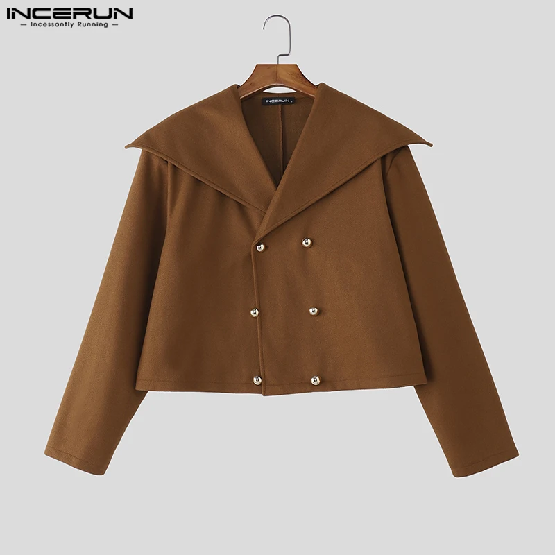 

INCERUN Men Jackets Solid Color Lapel Long Sleeve Double Breasted Casual Male Crop Coats Streetwear 2025 Fashion Loose Jackets
