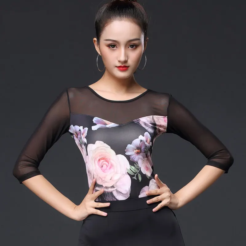 2026-new-half-sleeve-printing-band-waist-female-latin-dance-tops-women-latin-dance-tops-for-ballroom-belly-dancing-performamnce