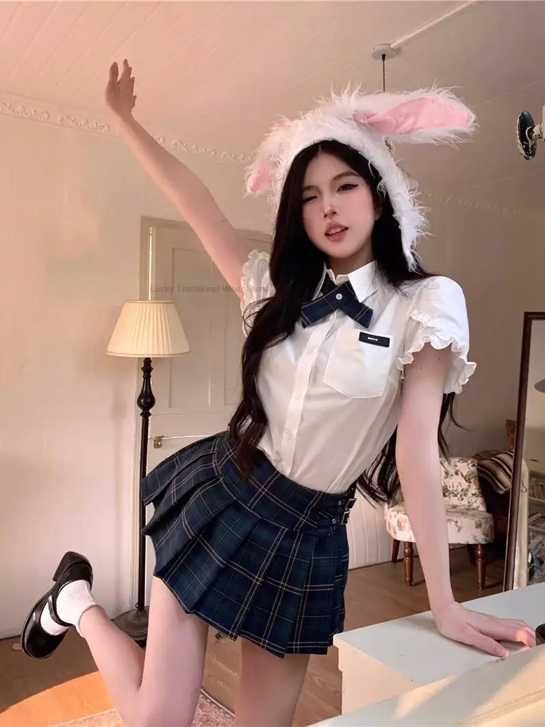 Japan Korea Style School Uniform High Waist Temperament Short-sleeved Shirt Pleated Skirt College Style Korean Girl Jk Uniform