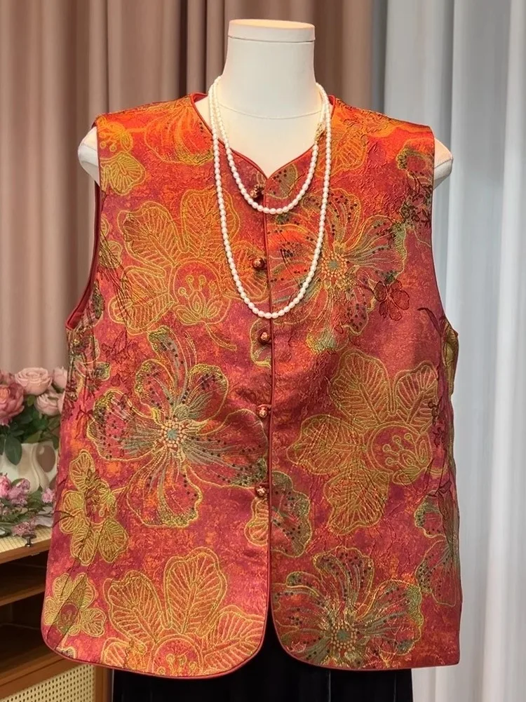 

Женский атласный жилет Ele Chinese Sle с вышивкой и пуговицами, тонкий, с круглым вырезом, для повседневной носки