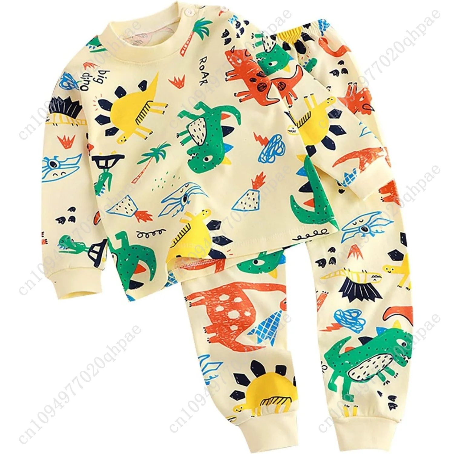 Set Piyama Anak Laki-laki Kecil Pakaian Tidur Katun Lengan Panjang Bayi Balita Pakaian Tidur Kartun Lucu Dinosaurus Pakaian Santai