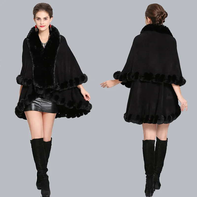 

2022 New Double Layer Handcraft Faux Rex Rabbit Fur Cape Shawl Long Knit Poncho Coat Wraps Fur Pashmina Cloak Women Winter