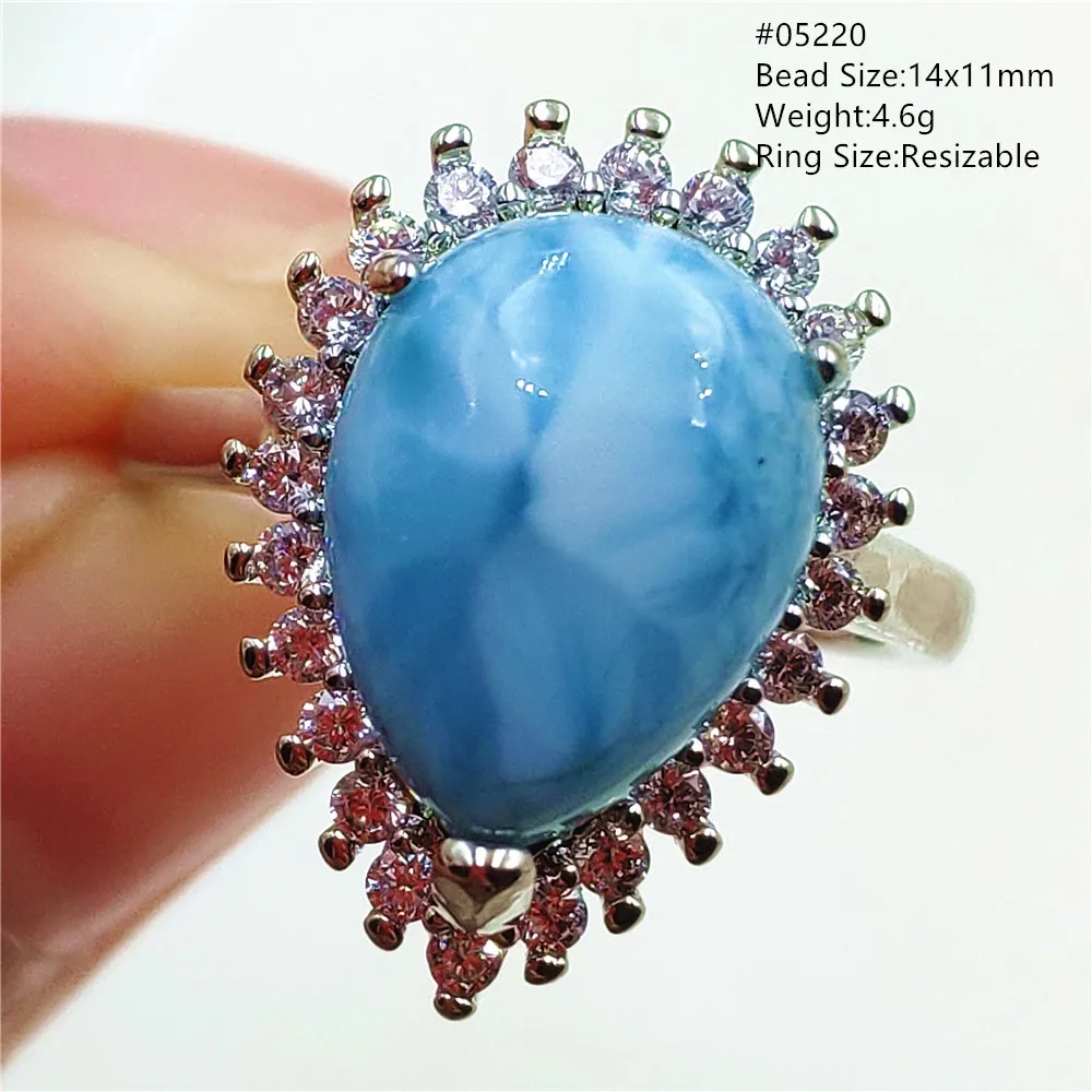 Natural Blue Larimar Adjustable Ring 925 Sterling Silver Larimar Gemstone Women Men Water Pattern AAAAA