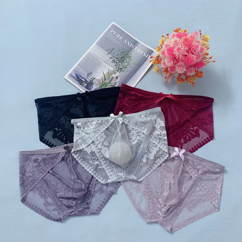 Men's Lace Briefs Ultra-Thin Seamless Transparent Underwear Large Size U Convex Sissy Panties Floral See Through Lingerie - Image 3