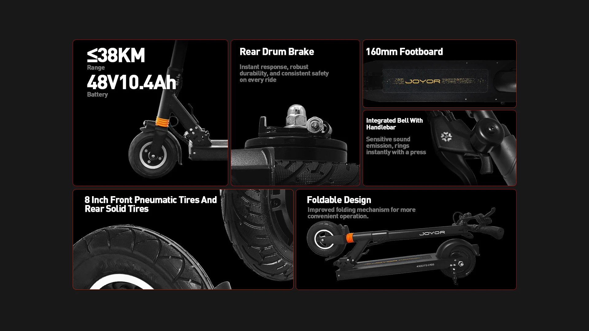 JOYOR F5 Premium Version E-Scooter 48V10.4AH 8-Zoll Vorderreifen (luftgefüllt) und Hinterreifen (vollgummiert) für den Stadtverkehr – Detail 2