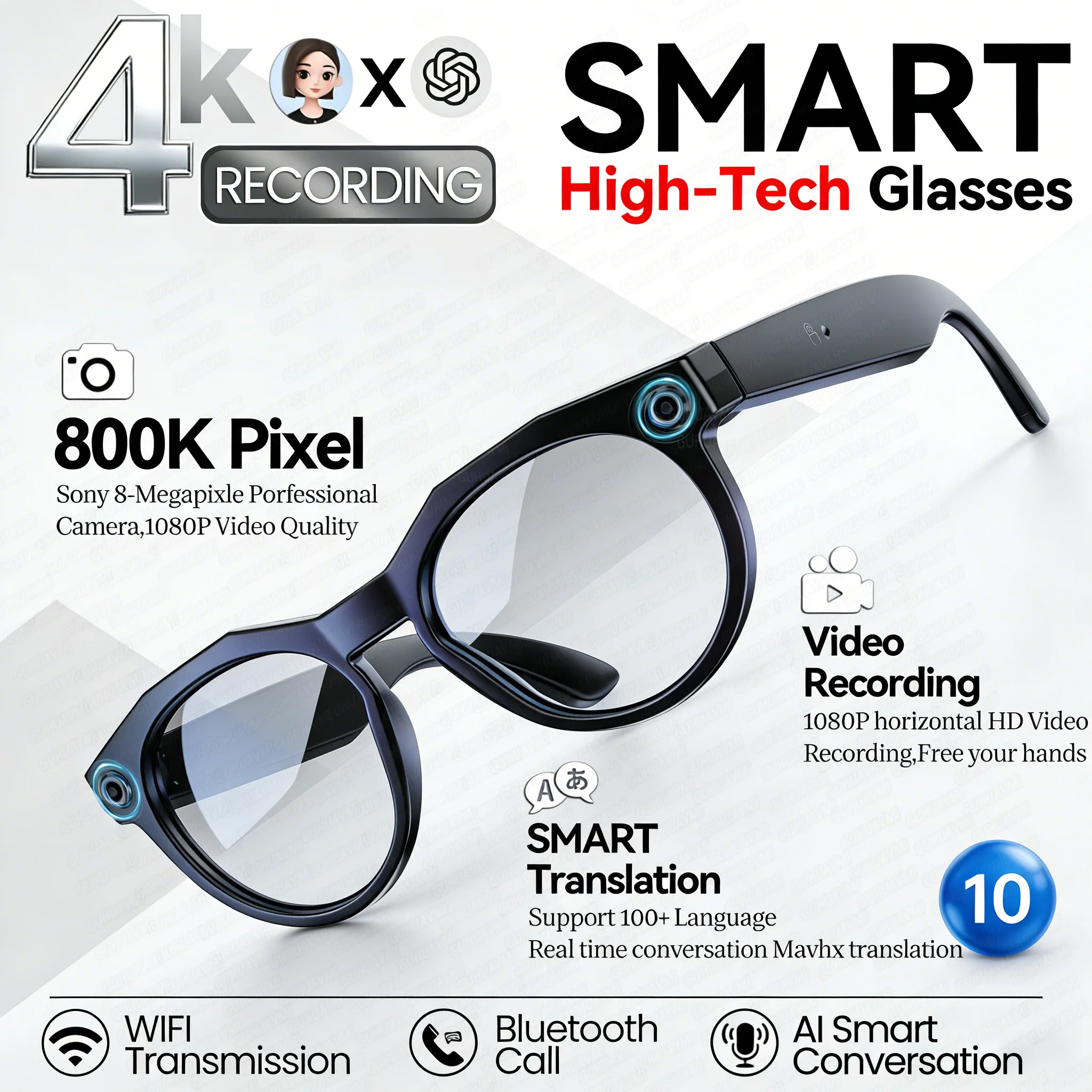 

New 800K Camera Smart Glass Men 1080P Video Recording Take Photo WIFI Transmission AI Chat Object Recognition Call AI Sunglasses