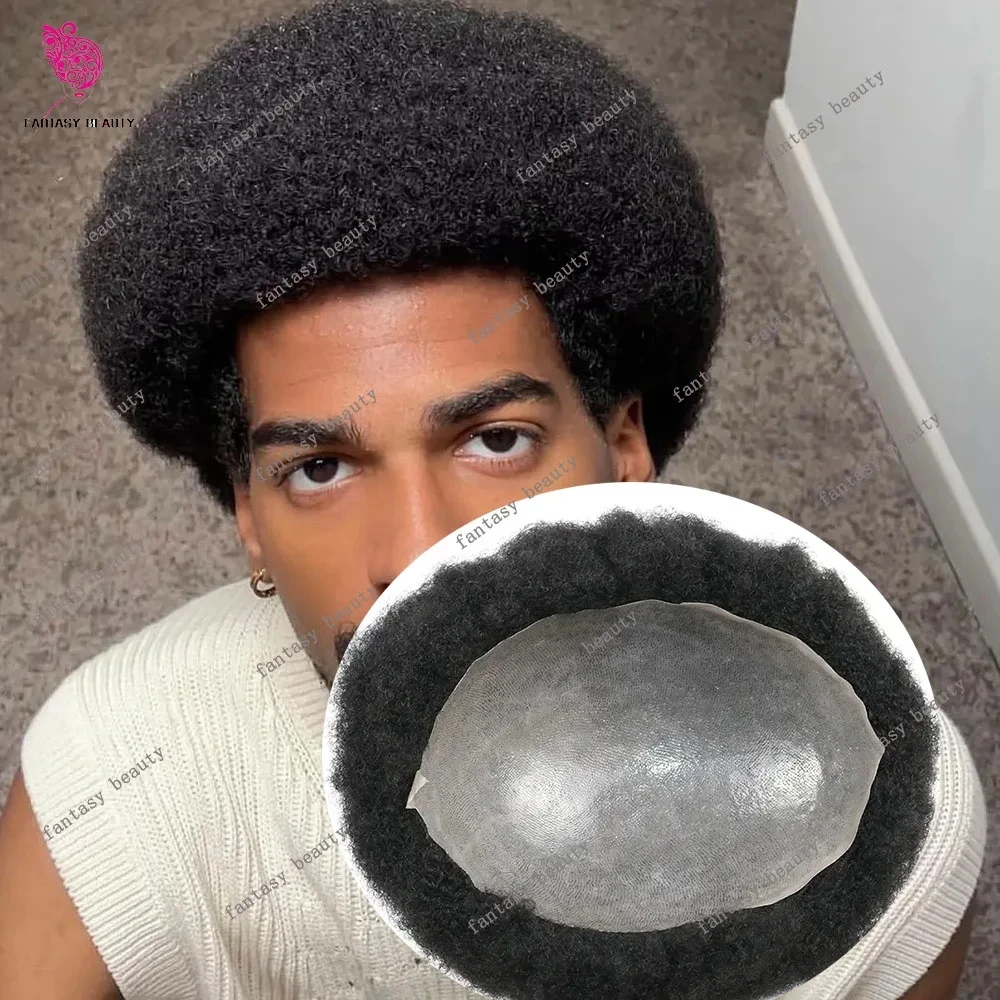 

4 мм афро-черная мужская вьющаяся прическа, супер прочная основа с двойными узлами для мужчин, парик, черные человеческие волосы, протез 0