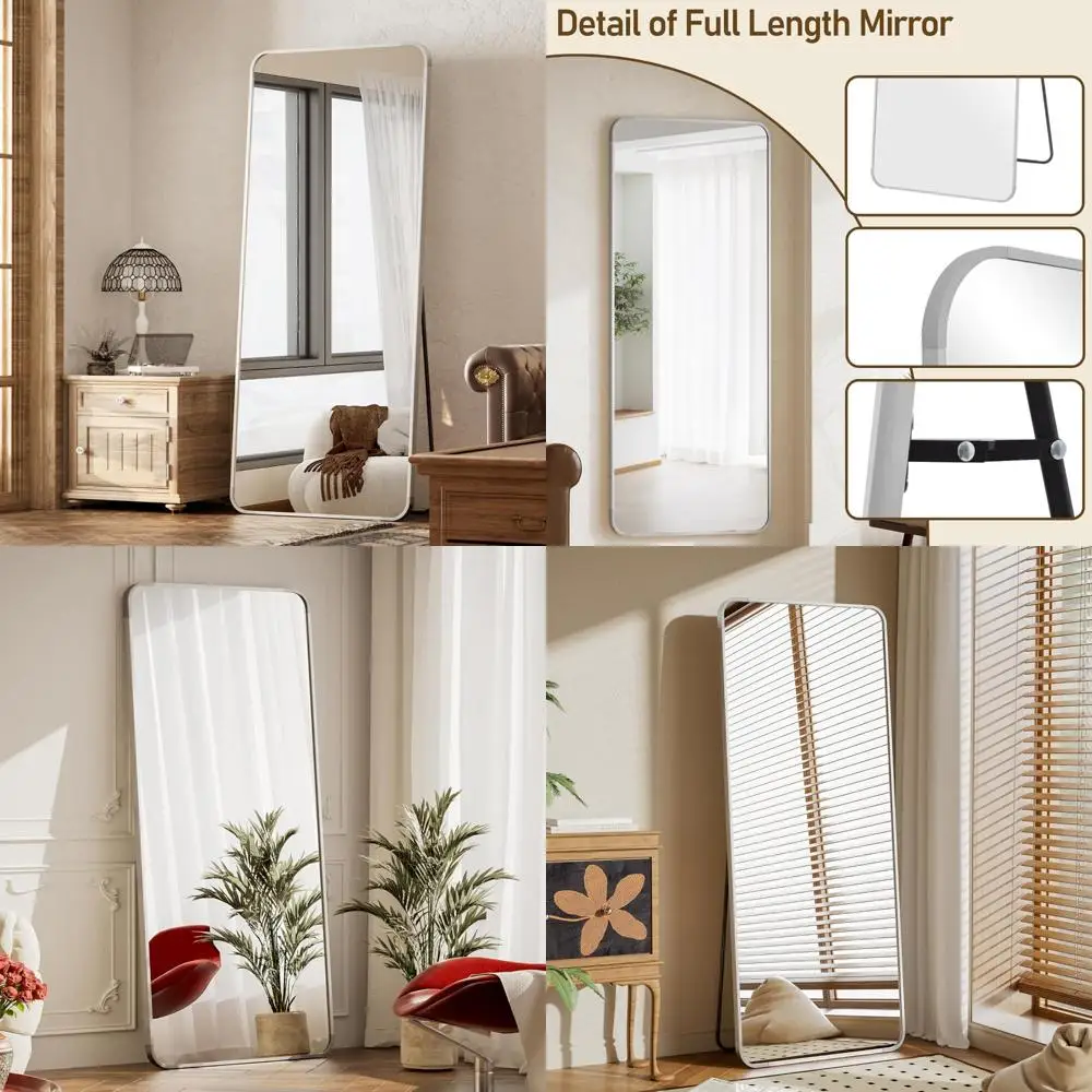 Miroir de sol argenté pleine longueur, 65 x 24 pouces, coins arrondis, polyvalent sur pied ou suspendu, idéal pour les chambres à coucher et le salon de spa