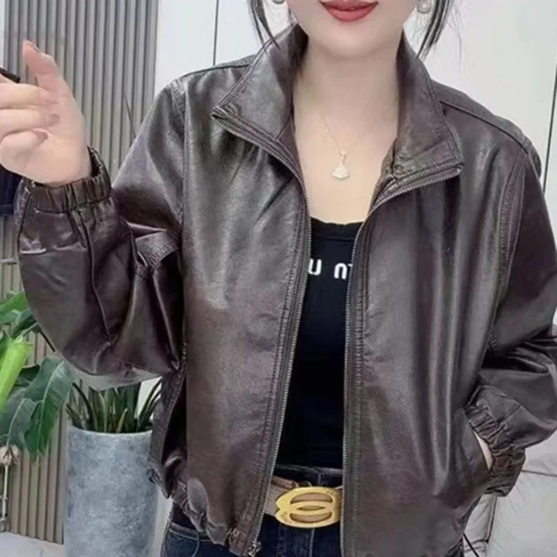 

2026 Short Motorcycle Leather Jacket Women Spring Autumn New Fashion Stand Collar PU Leather Casual Coat Female Outerwear