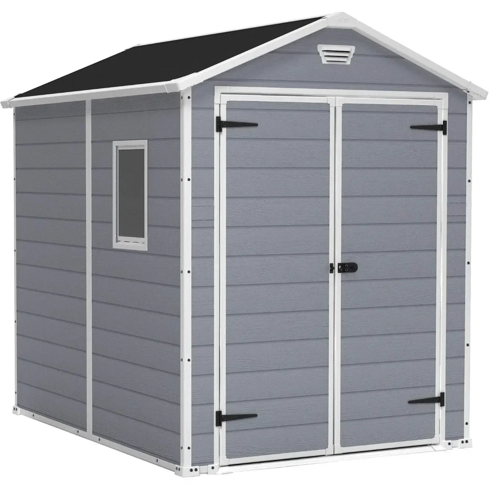 Manor 6x8 Ft All-Weather Heavy-Duty Resin Outdoor Storage Shed with Double Lockable Doors, Floor Panel, & Built-in Ventilation