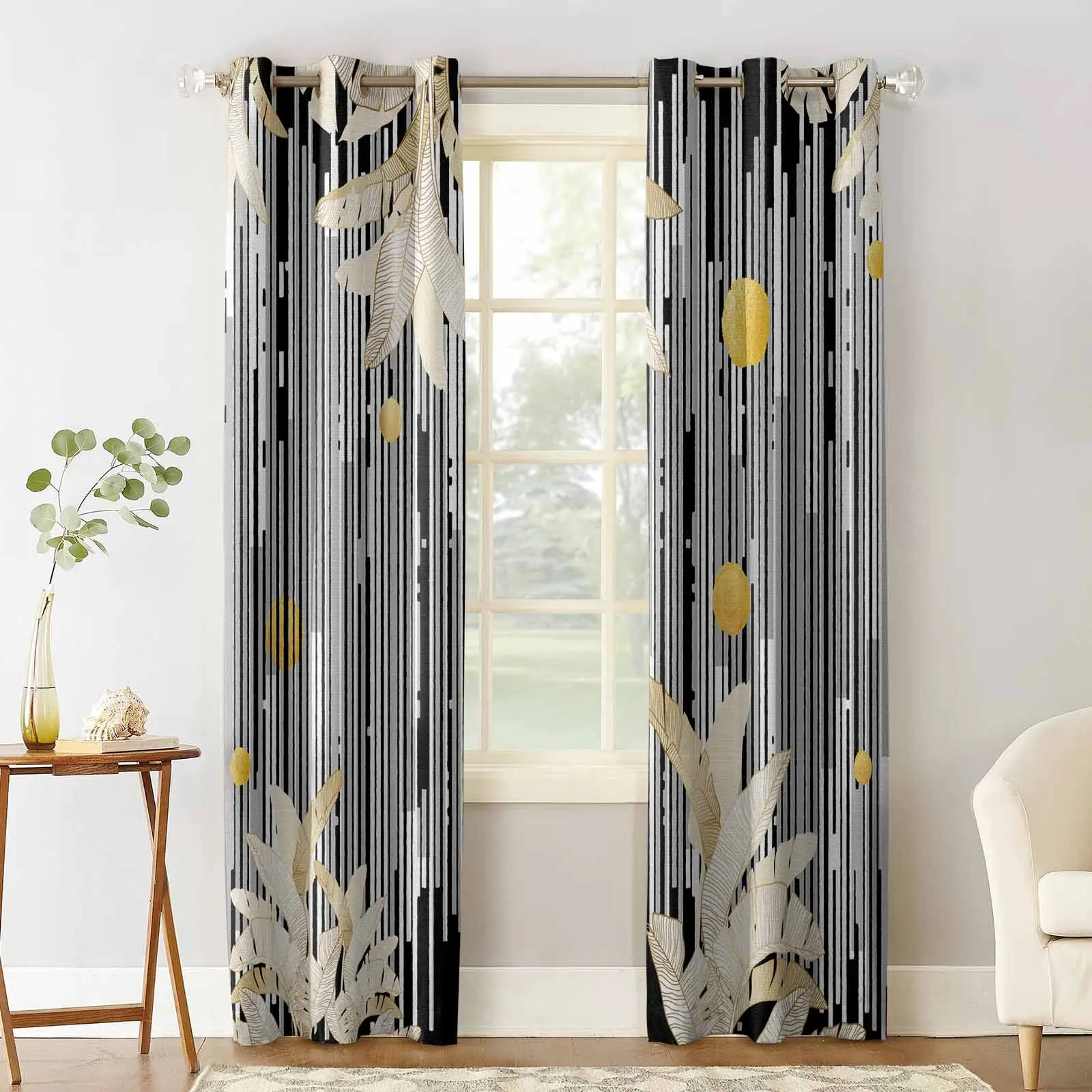 Abstract Black And White Leaves Living Room Bedroom Elegant Curtains For Kitchen The Room Window Treatments Drapes