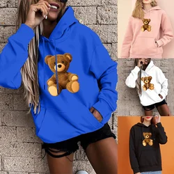 Otoño mujeres sudaderas con capucha de manga larga cuello redondo lindo estampado de oso moda femenina calle Casual viajero Tops ropa pulóver sudadera