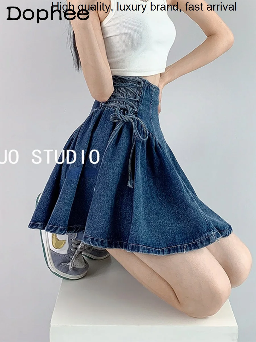 Girl Sexy Hot A- Line Mini Lace-up Fishbone Denim Skirt Women's 2023 New Spring and Autumn High Waist Pleated Pettiskirt