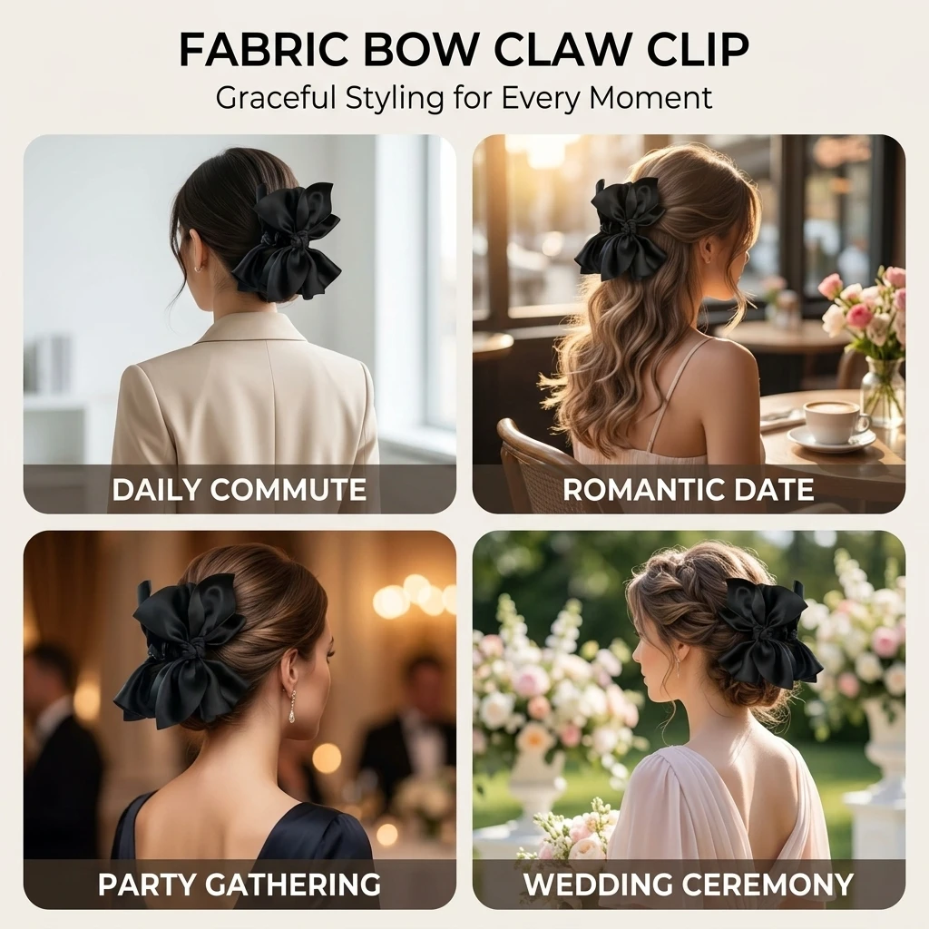 Elegant Claw Clip Large Fabric Bow Hair Grip for Daily Office Wear Korean Style Non-Slip Alloy Frame Back of Head Accessory