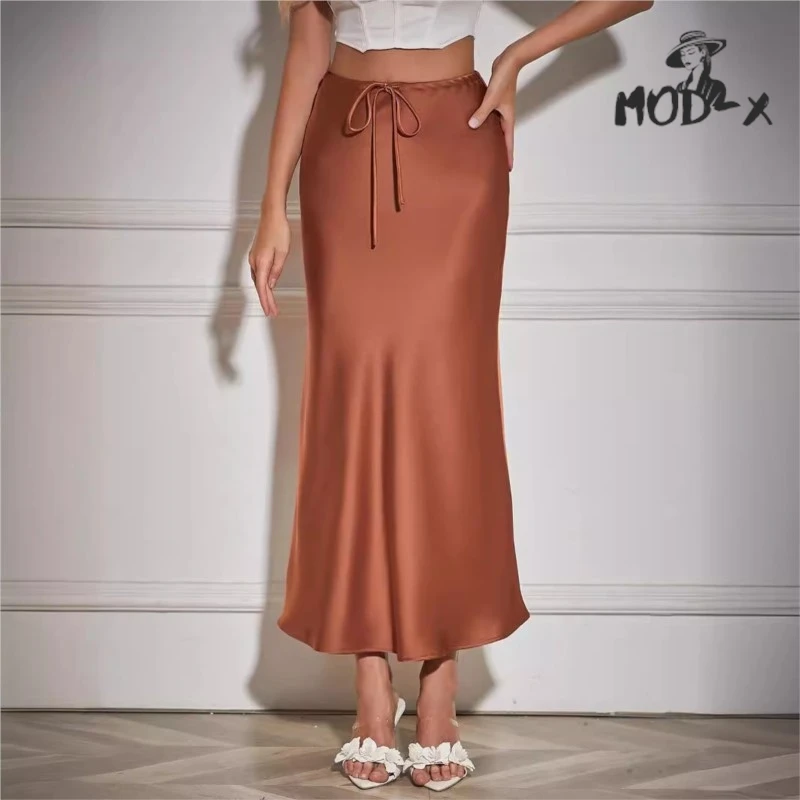 

MODX 2024 Amazon High Quality Satin Long Dress High Waist Drawstring Tie Solid Color Skirt Women Cross-border Women's Stock