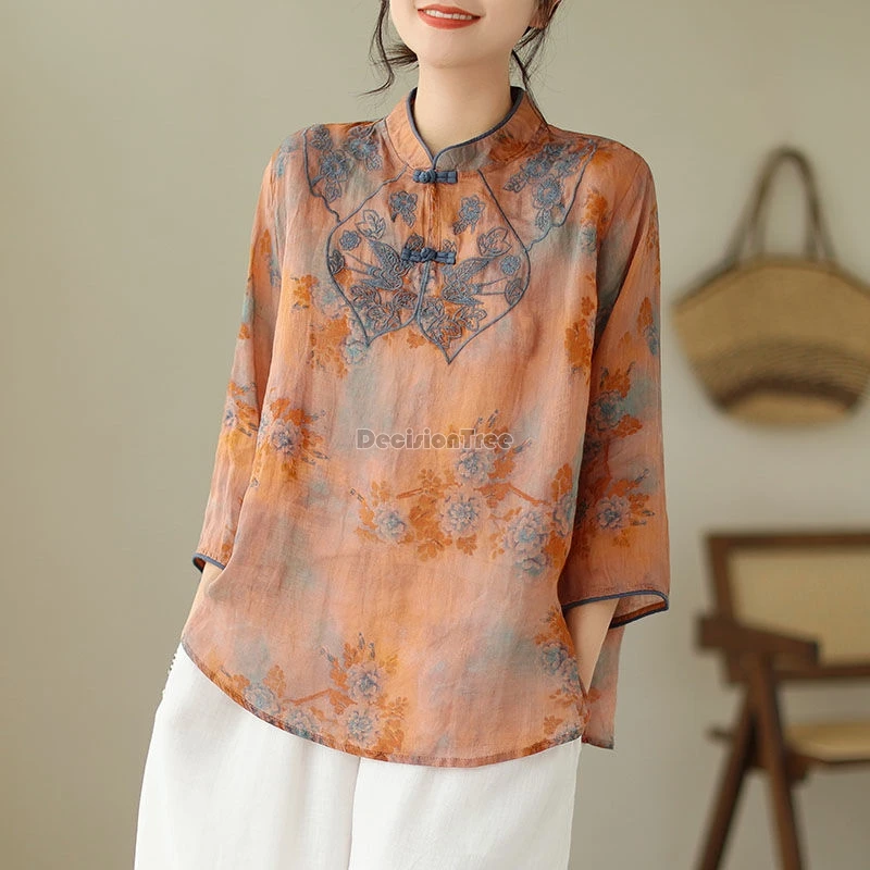 2024 new retro chinese style improved daily hanfu top stand collar button cotton linen blouse chic floral embroidery tea art top