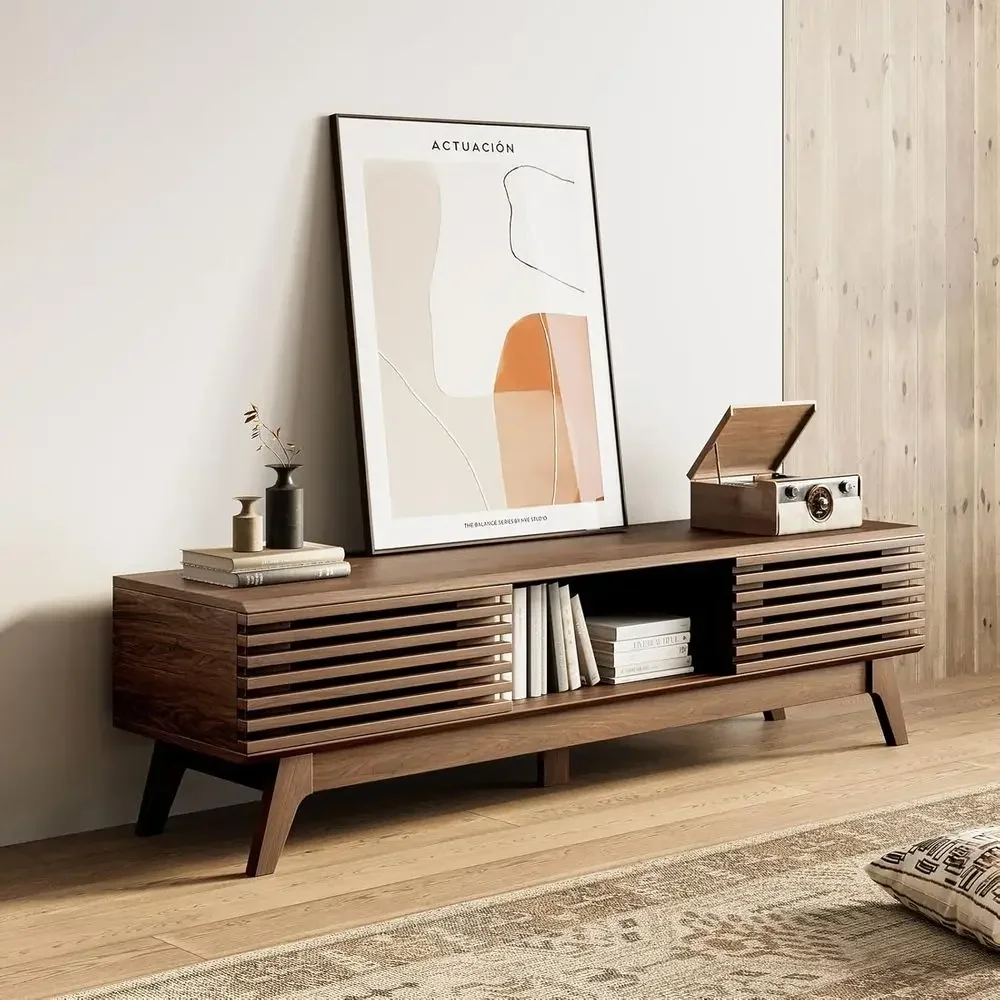 

Walnut Entertainment Center for 55-65 TVs with Sliding Doors, Storage Cabinets & Media Shelf